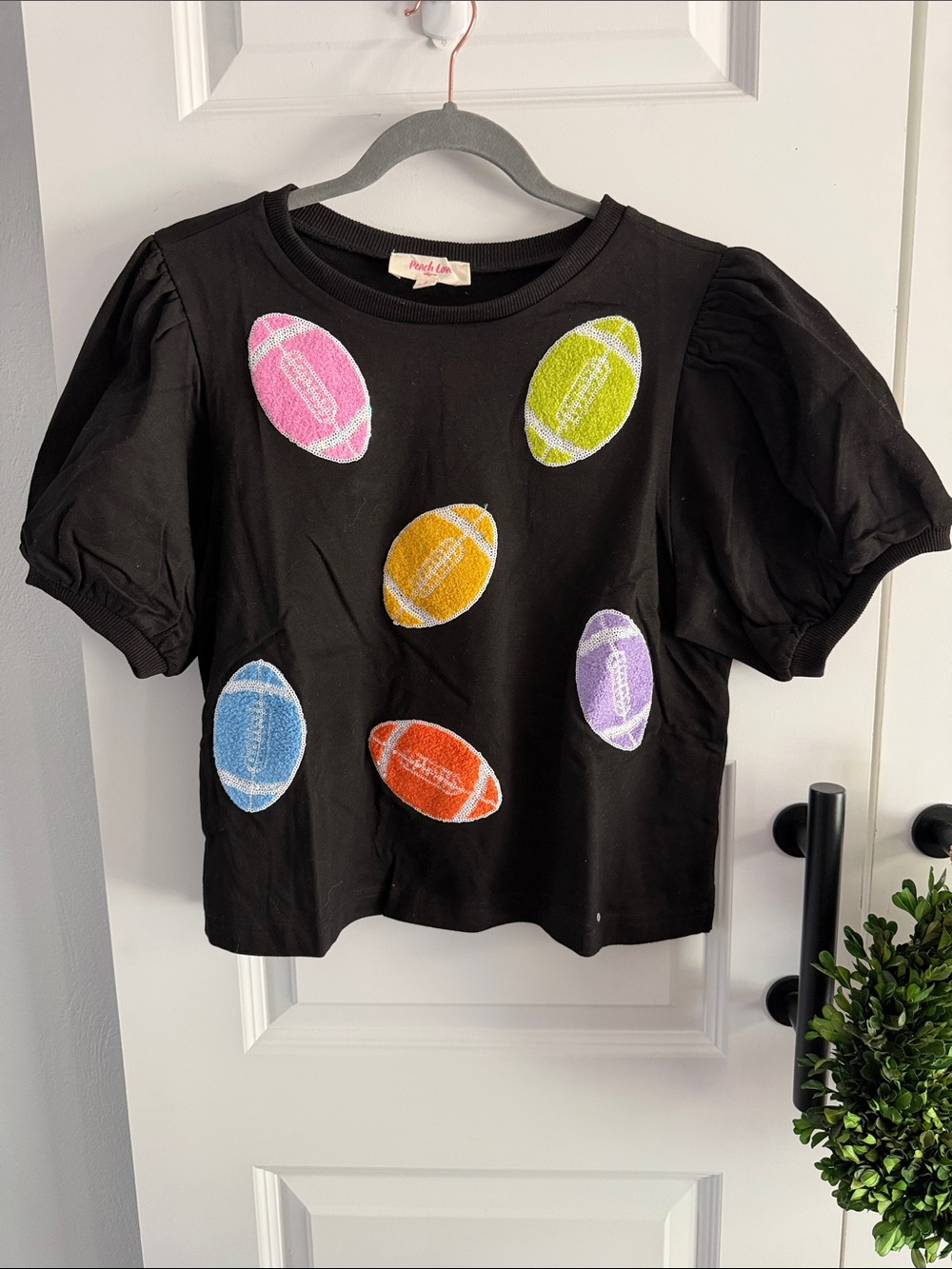 Peach Love California Black Tee and matching shorts-Football sequin Appliqués - Picture 5 of 8